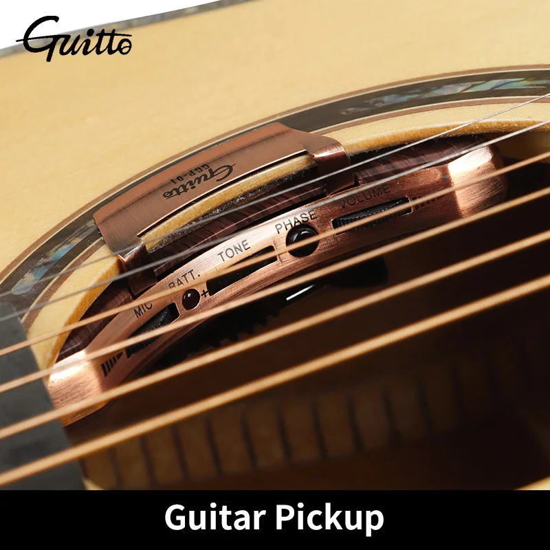 

GUITTO GGP-01 Гитарный звукосниматель, пьезо-микрофон, двойной режим звукоснимателя, поддержка регулировки громкости тона, 36–42 дюйма, классическая акустическая гитара