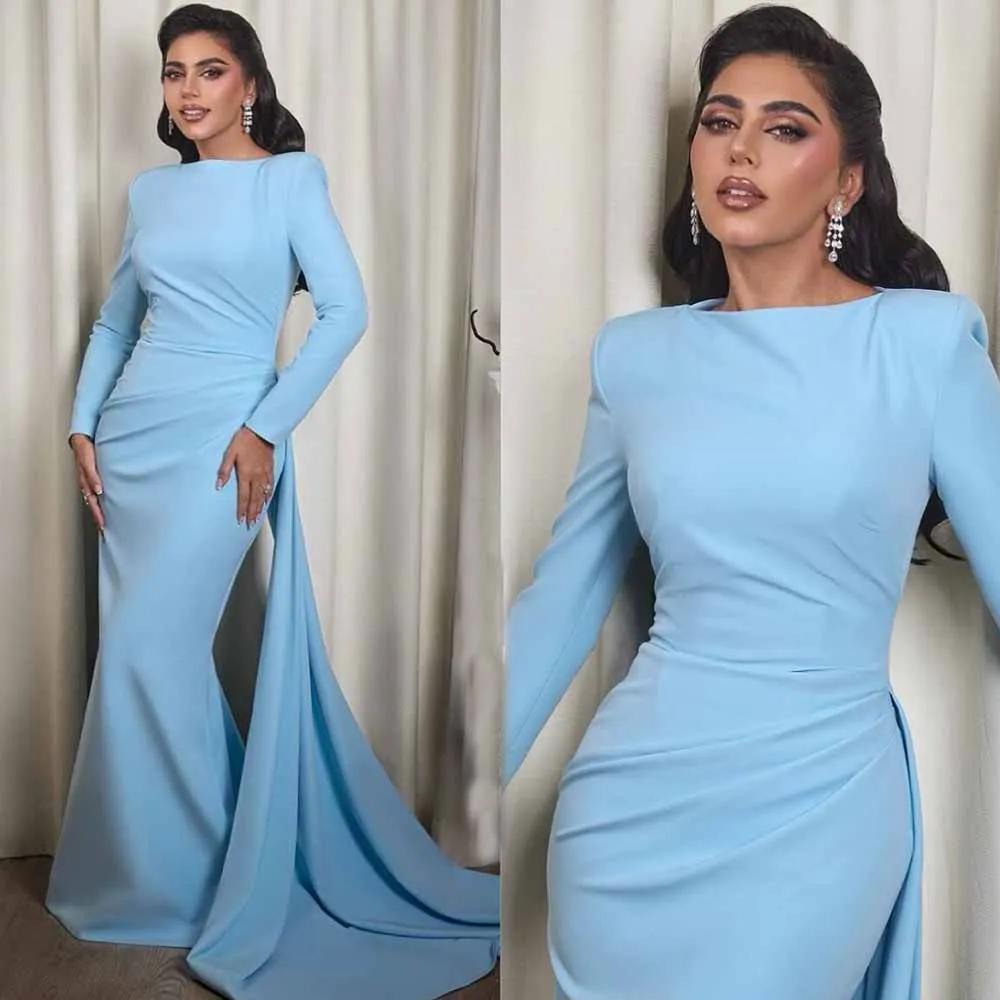 

Saudi Arabia Special Occasion Dresses Formal Jersey Mermaid/Trumpet Celebrity Dress Sky Blue Boat Neck Draped Pleat Prom Gown