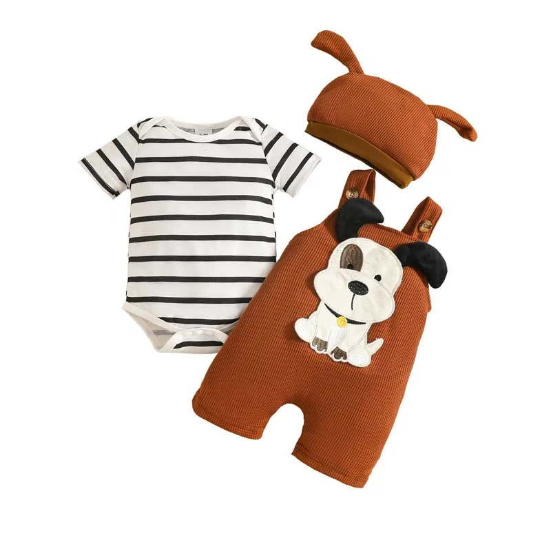 

Baby Clothing Boys Adorable Cartoon Puppy Costume Sets Short Sleeves Striped Onesies+Suspenders Shorts+Hat Newborn Outfits