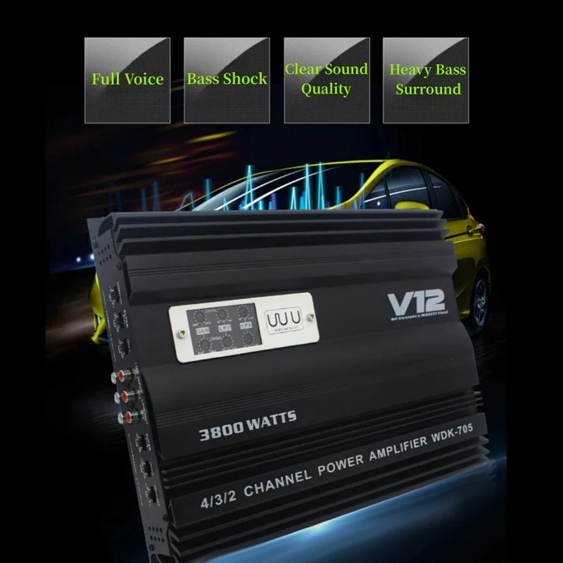 12V 3800W Car Audio Amplifier High Power Amplifier High Power Dual Bass Output Cart 4 Channel Audio Speaker