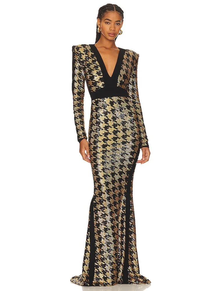 

Sexy V Neck Bird Lattice Sequins Maxi Dress Women Black Gold Sequin Long Sleeves Bocycon Long Dresses Runway Evening Party Gown