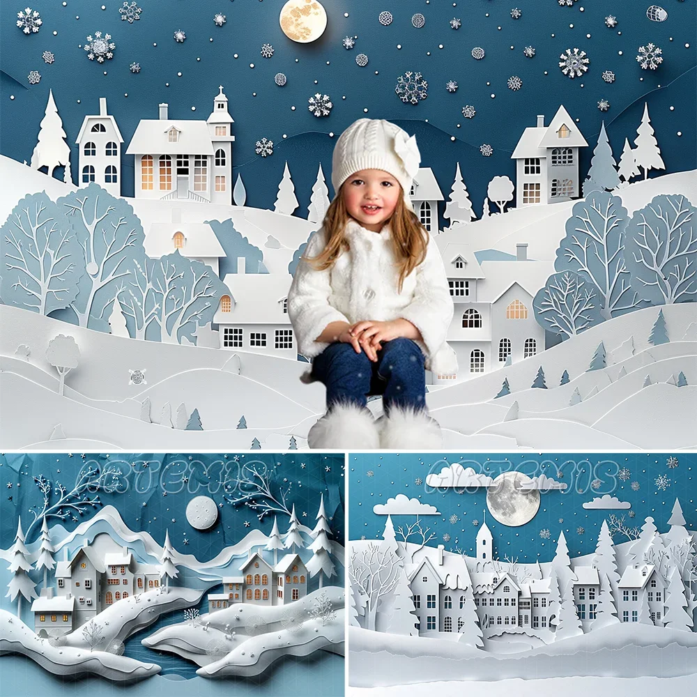 Christmas Backdrop Paper Cutout Scenery Winter Sky Moonlight Shining Town Snow Tree Branch Background Photo Studio Photo-call