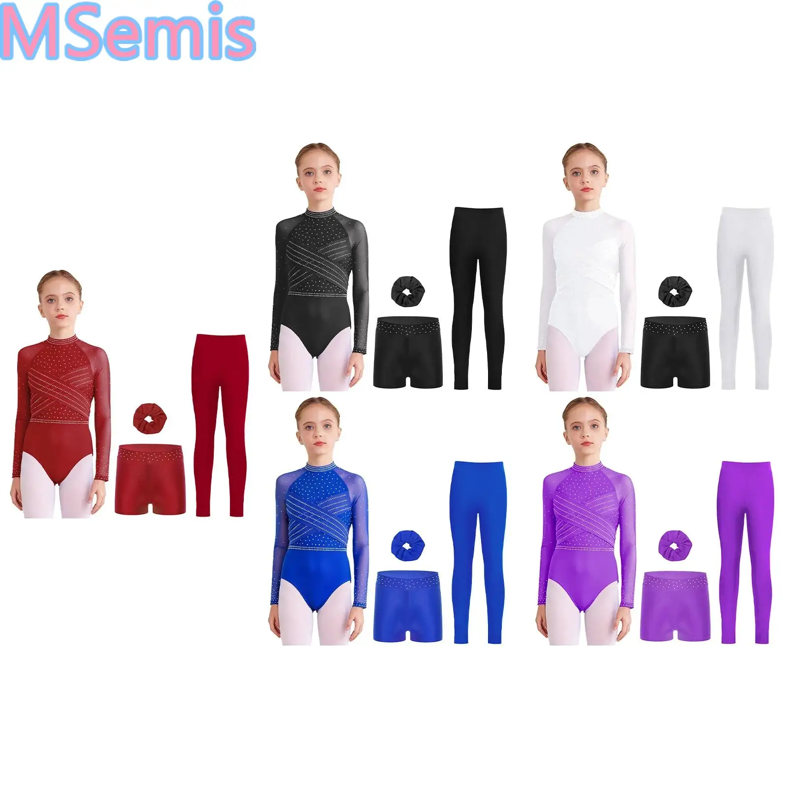 

Kids Girls Gymnastics Outfit Sheer Mesh Cross Front Rhinestones Leotard with Rhinestone Waistband Shorts Leggings And Hair Band