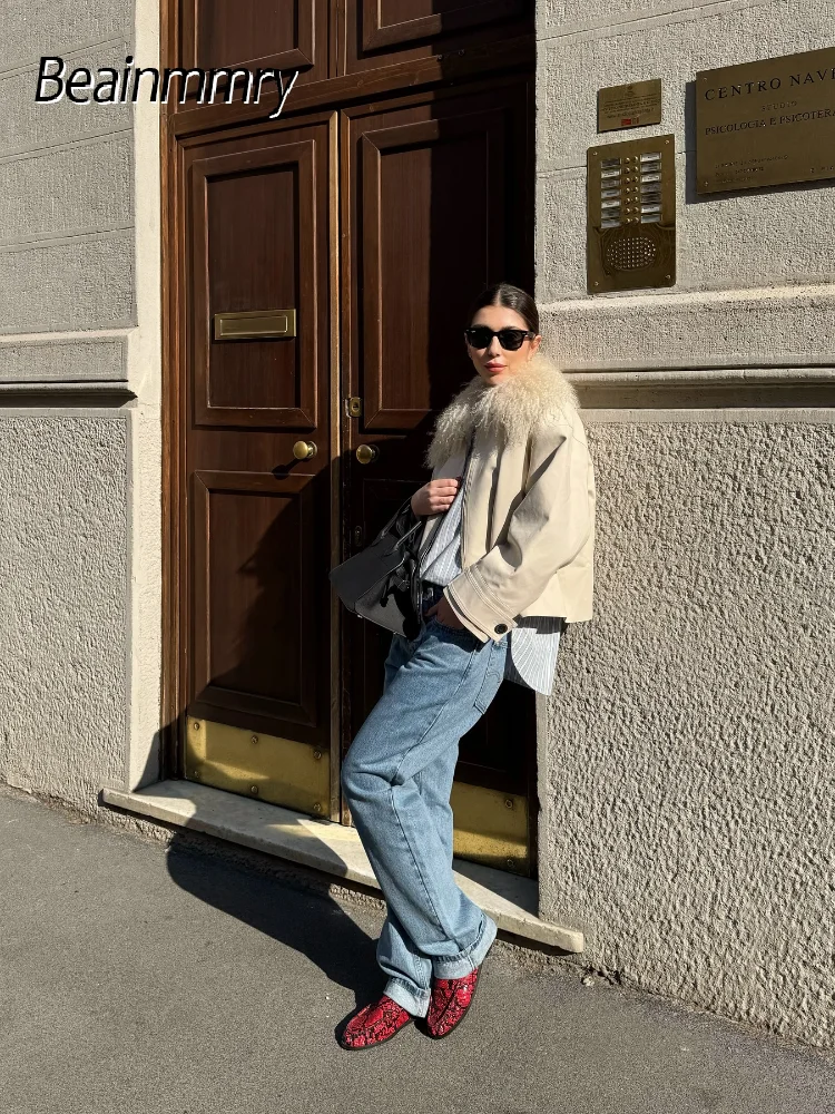 

Elegant Women Faux Fur Collar Patchwork Jacket Long Sleeve Zipper Pocket Loose Outerwears Lady Autumn New Commute Street Jackets