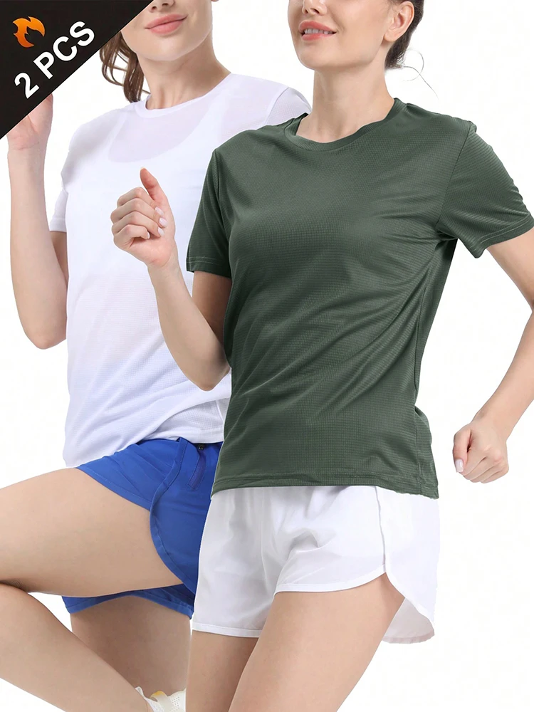 2Pcs Women\'s Solid Color Ultralight Quick Dry Sport T-Shirt, Breathable Lightweight Top For Fitness Training Workout Running Gym