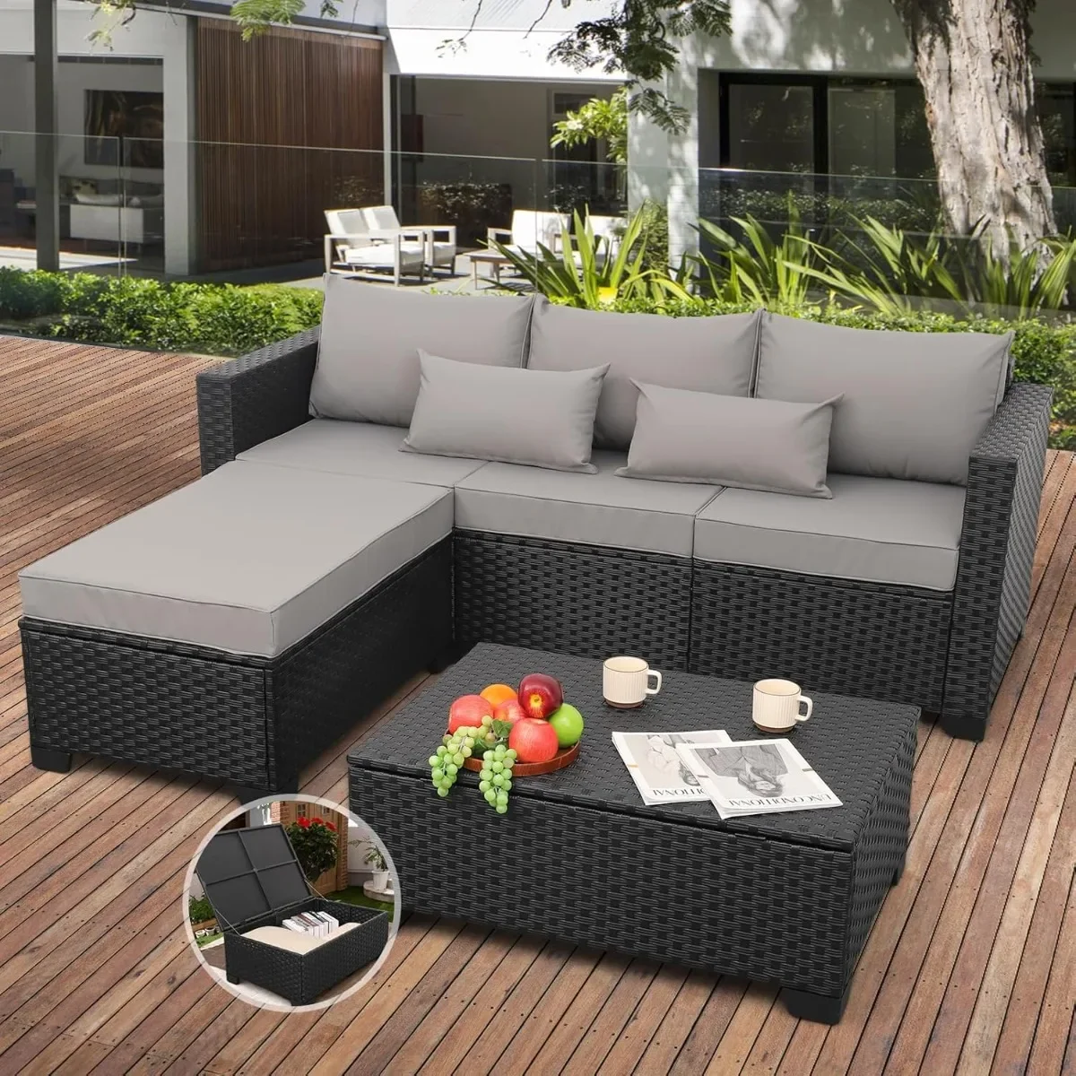 Set furnitur luar ruangan 3 buah furnitur teras anyaman meja kopi luar ruangan sofa teras luar ruangan dengan penyimpanan