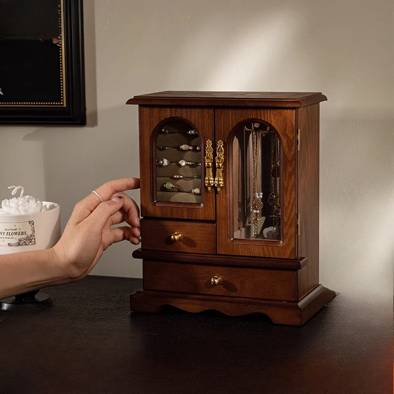 

Vintage Jewelry Box Luxury High-End Wooden Storage Case Jewelry Display Cabinet Desktop Organizer Girl's Gift Elegant Home Decor