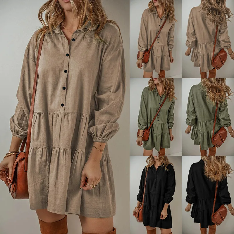 2024 New Fashion Women Mini Dress Casual Loose Button Long Sleeve Ruffles Patchwork Dress Elegant Autumn Solid Short Dresses