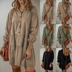 2024 New Fashion Women Mini Dress Casual Loose Button Long Sleeve Ruffles Patchwork Dress Elegant Autumn Solid Short Dresses