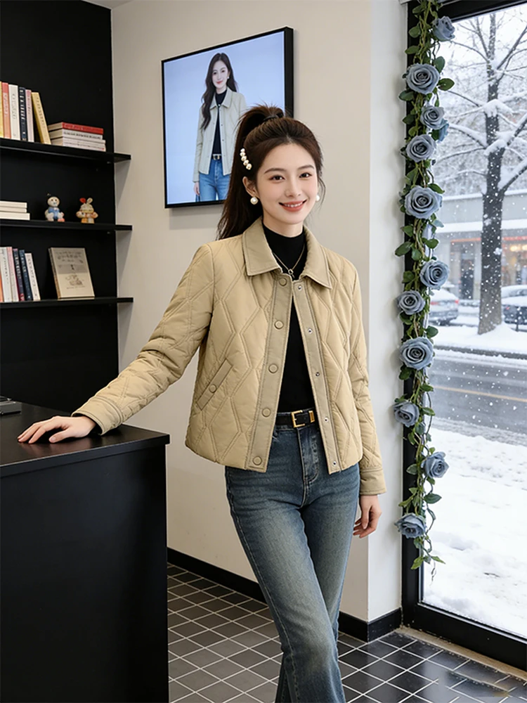 

Korean Style Short Quilted Jacket Women's Autumn Winter Thickened Warm Cotton Coat Loose Fit Diamond Pattern Fashionable Top