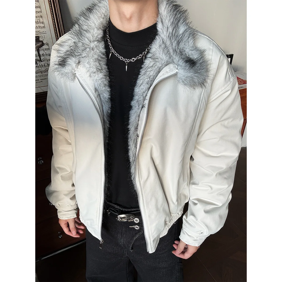 

Man Plush Jacket Winter New Thicken Cold-proof Patchwork Loose Male Down Outerwear High Street Fur Turn Down Collar Men Coat
