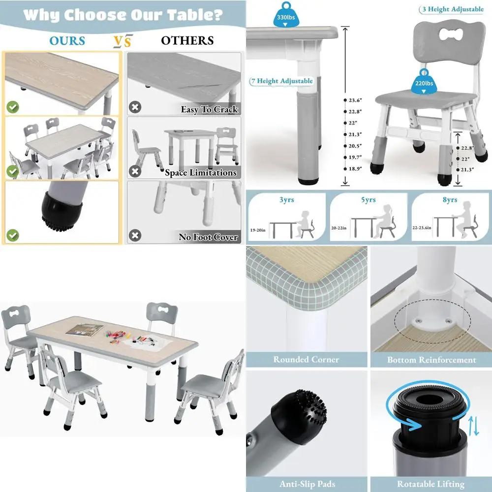 

Регулируемый по высоте детский стол и набор из 4 стульев, большой многофункциональный стол, противоскользящая, устойчивая к граффити поверхность, подходит для