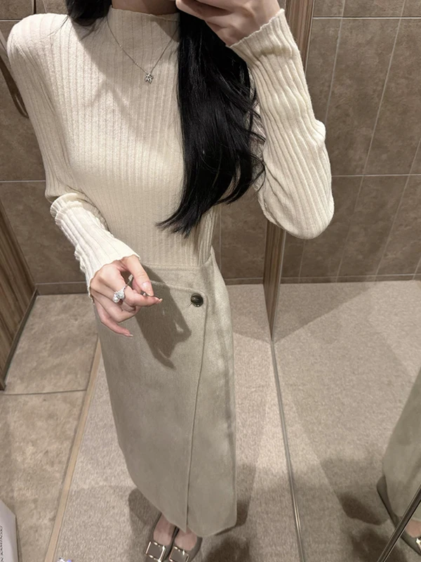 

Теплый вязаный комплект из топа с высоким воротником и юбки для женщин: облегающий, модный, осенне-зимний, элегантный, удобный для повседневной носки