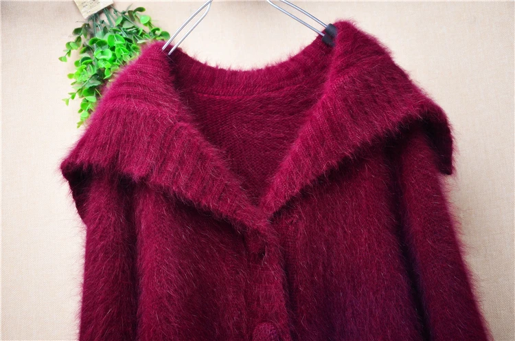 Elegant Fashion Ladies Women Fall Winter Angora Rabbit Hair Knitted Long Sleeves Turn-Down Neck Loose Cardigans Mantle Sweater