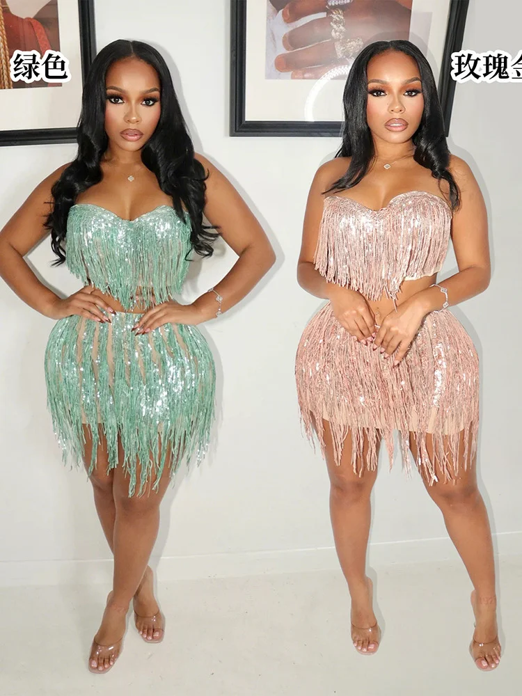 Weird Puss Sequin Tassel 2-Piece Set Women Sexy Luxury Strapless Tops+Zip Skinny Skirts Midnight Wild Hottie Coquett Clubwear