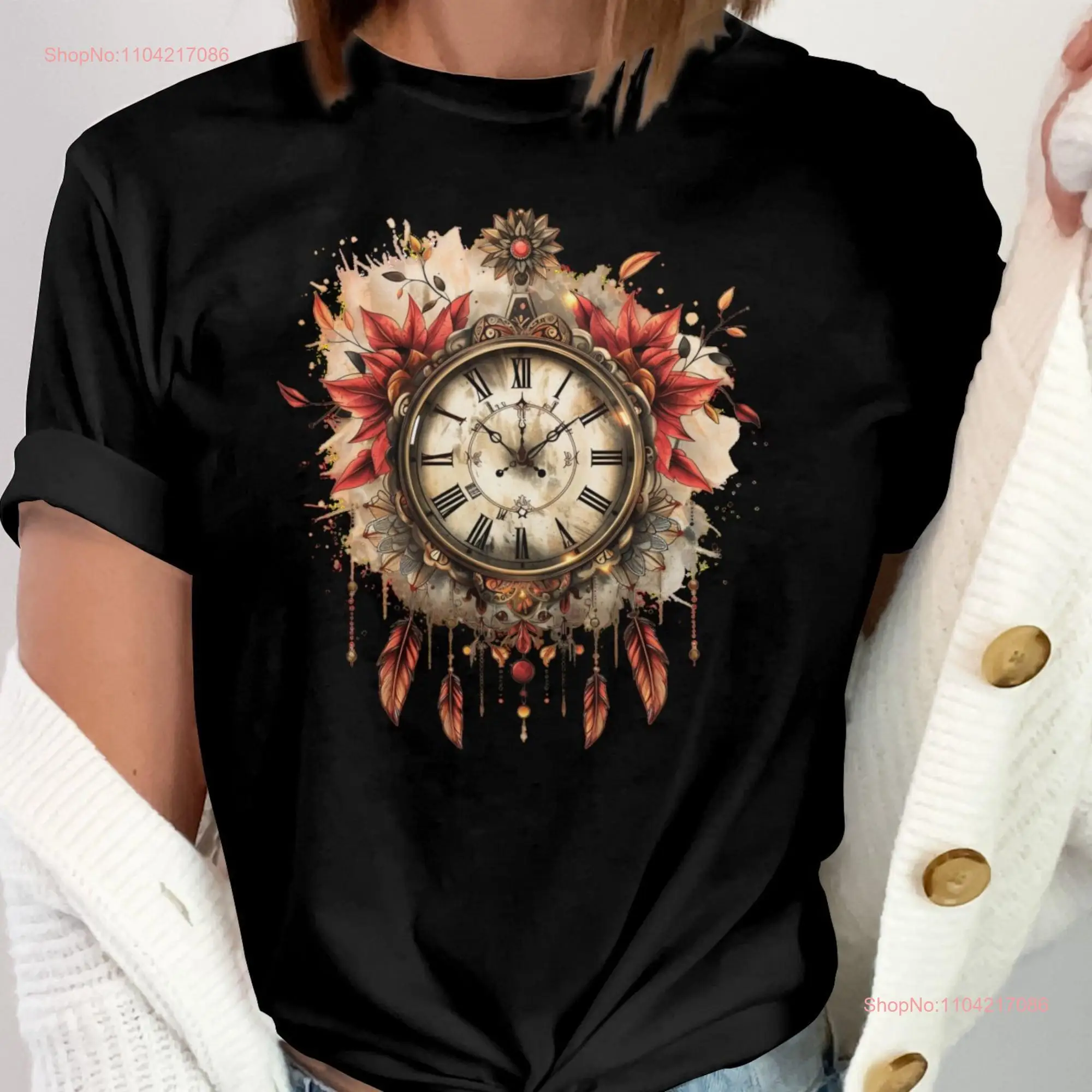 Vintage Clock Floral Design Steampunk with Feathers Boho Chic Roman Numerals Art Unique Artistic T Shirt SweaT