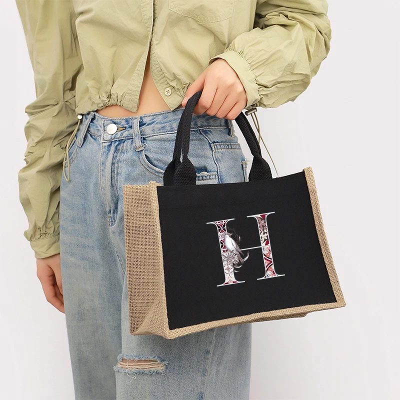 Letter printed black patch linen canvas handbag, waterproof inside, large capacity commuting bag storage bag