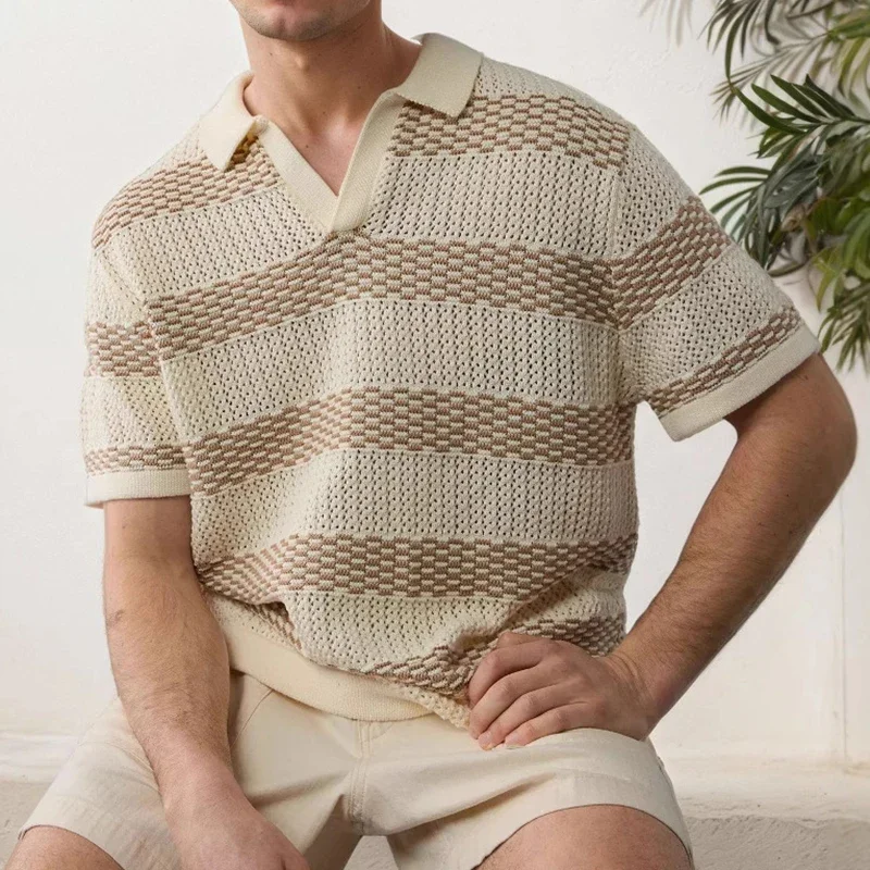 

Contrast Color Striped Knitting Polo Shirt Men Summer Vintage Turn-down Collar Knit Tops For Mens Vacation Leisure Knitted Polos