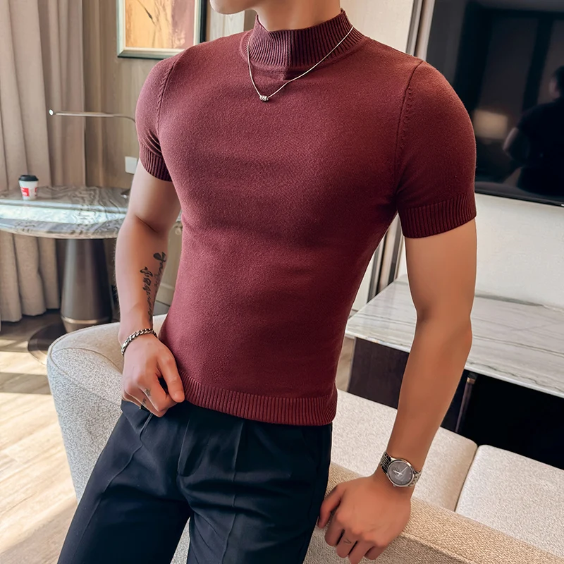 

7Colors Pull Homme Men's Slim Fit Short Sleeve Sweater Autumn Winter Casual Knitted High Collar Fashionable Men's Clothing