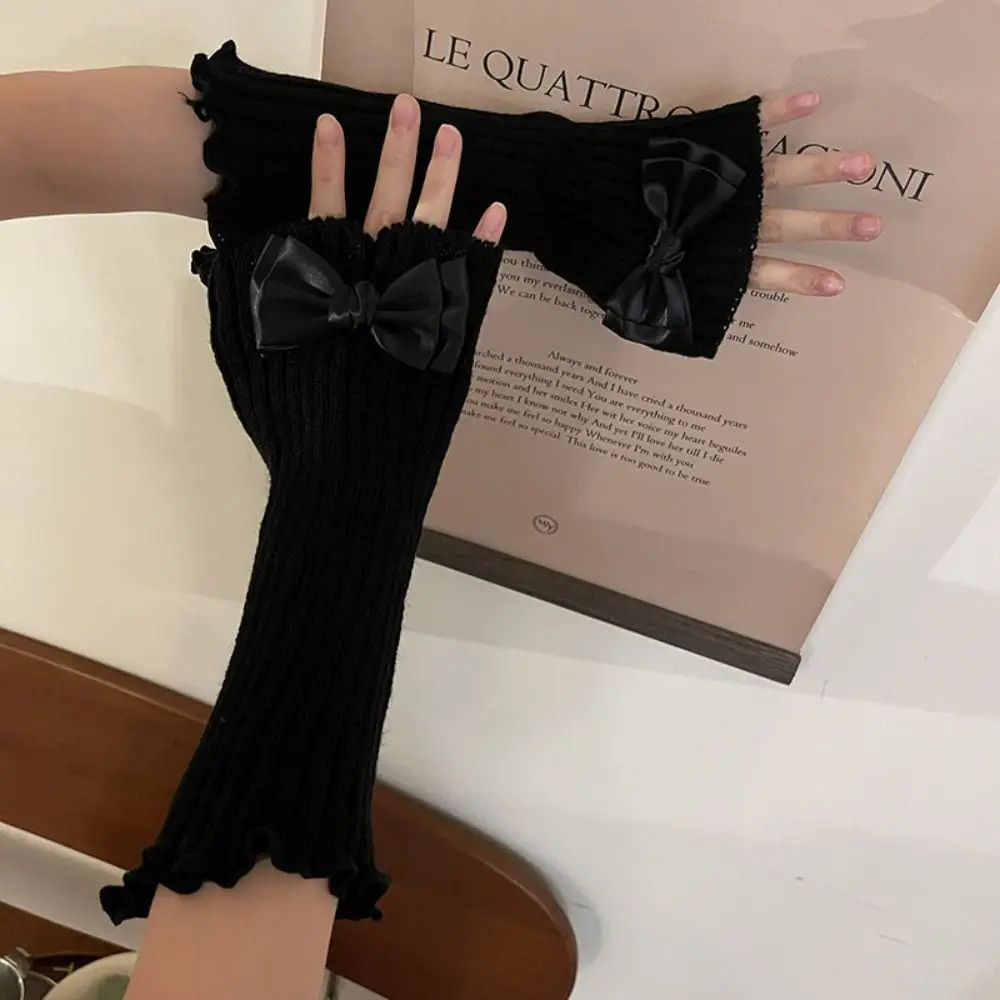 

Casual Solid Color Knitted Bow Gloves Gothic Y2k Wool Sleeve Cuff JK Korean Style Arm Warmers Winter