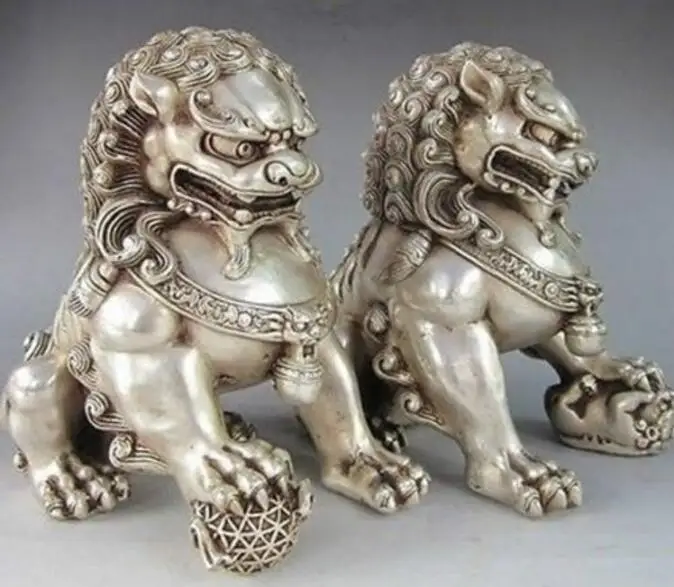 

Copper Statue 12*12cm Chinese Silver Guardian Lion Foo Fu Dog Statue