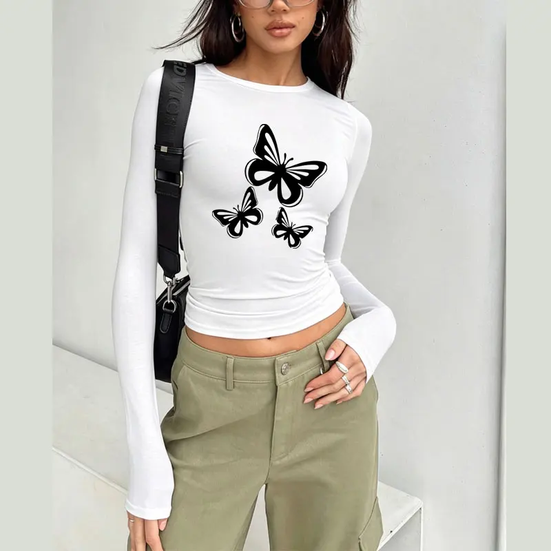 Butterfly Print Spring Autumn Women T-Shirt Causal Long Sleeve Crop Tops O Neck Pullovers Tees Slim Fit T Shirt