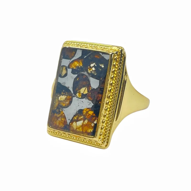 8.6g Seymchan Pallasite Meteorite Gold Plated Adjustable Ring Natural Olivine Crystal Inlay Finger Jewelry Collection - LB183