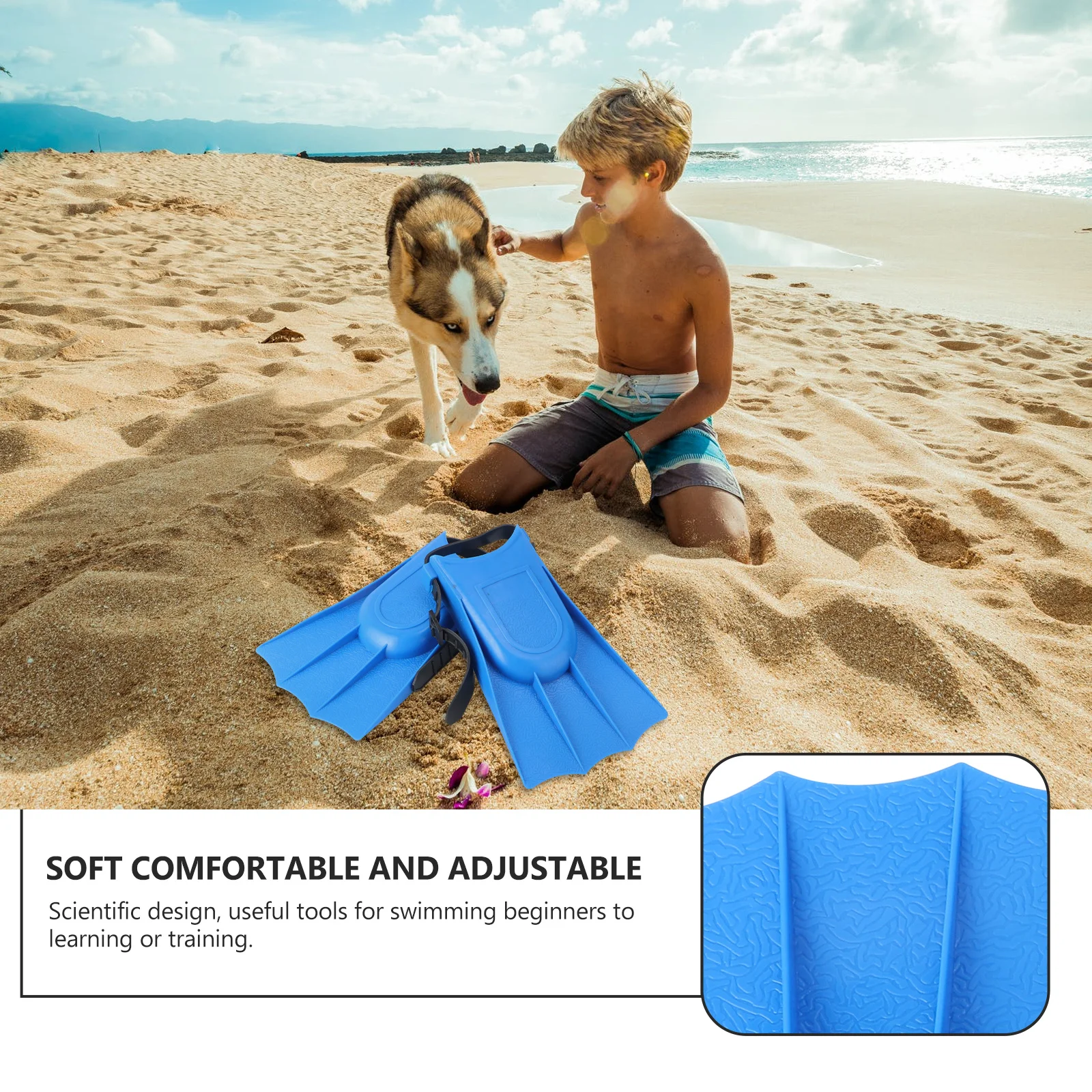 

Kids Adjustable Flippers Fins Blue Swimming Diving Snorkeling Easy on Off Soft Comfortable Training Gift Snorkeling Fins