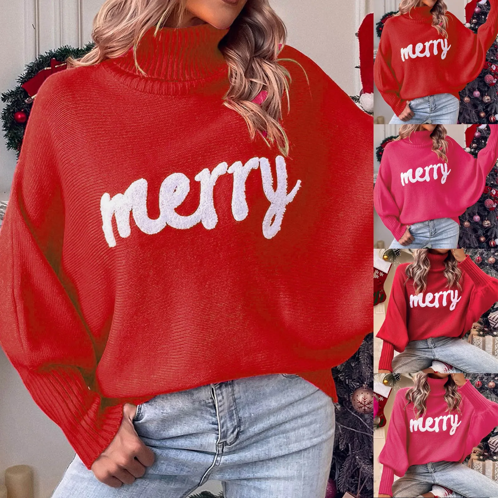 2024 Christmas Knitted Sweater Women Turtleneck Bat Sleeve Red Merry Letter Embroidered High Neck Sweater Knitted Pullovers