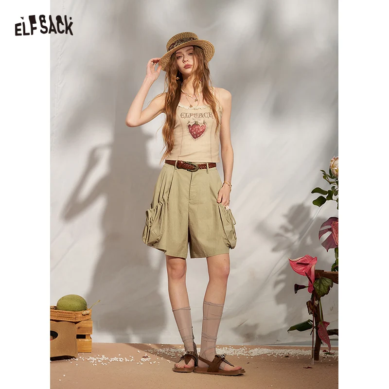 

ELFSACK Women's Strawberry Charm Cargo Shorts with Drawstring Pockets, High Waist Casual Workwear Shorts, Summer Streetwear