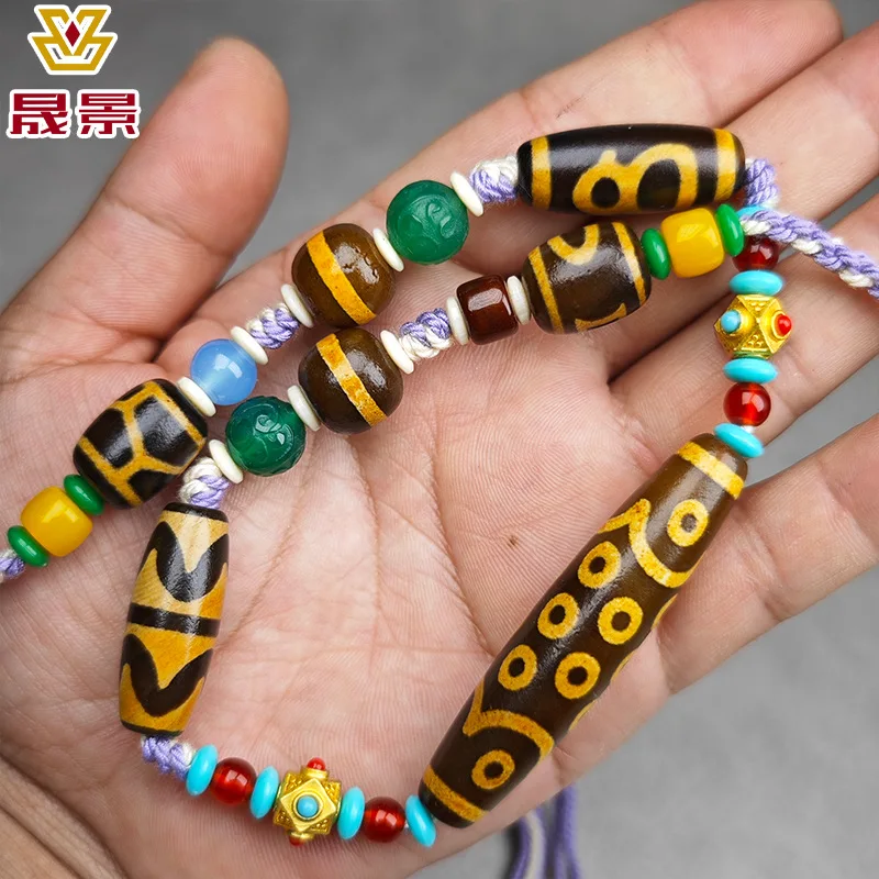 Nine-Eyed Agate Dzi Bead Yellow Tooth Aquarius Multi-Treasure Necklace Handmade Braided Rope Unisex Collarbone Chain