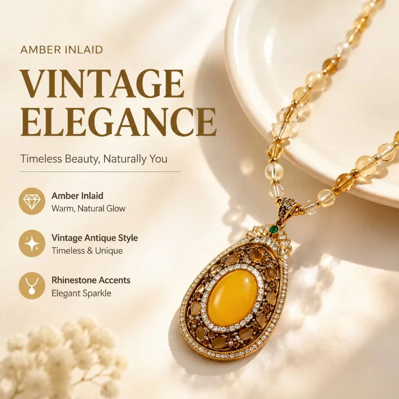 Western‑style Vintage Inlaid Amber Citrine Rhinestone‑studded Necklace Distinct High‑grade Ornament Crafting Elegant Look