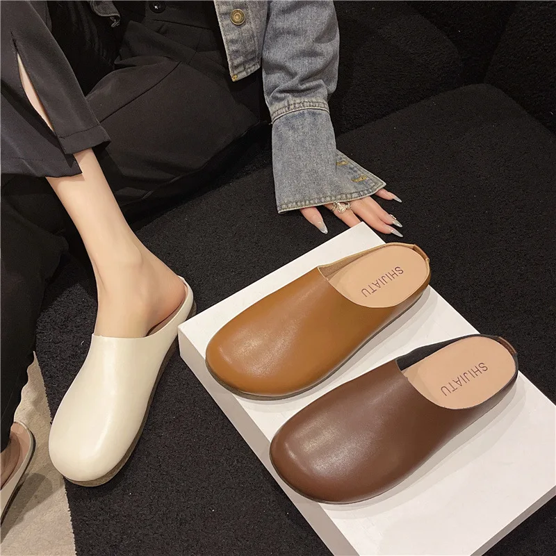 Retro Mules Slippers for Women Summer Light Non-slip Soft Pu Leather Slide Sandals Plus Size 42 Comfort Beach Flat Sandalias