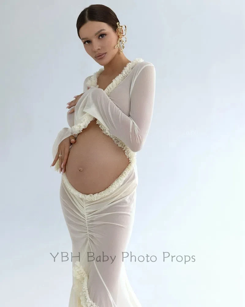 Maternity Photoshoot Stylish Gown Deep V-Neck Long Sleeve Petite Pregnant Women Photography Shoot For Baby Showers