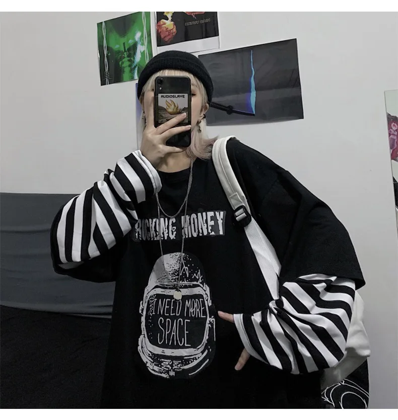 Autumn New Style Women Hoodie Loose Fake Two Items Pullovers Stripe Tees Long Sleeves T-Shirt Hip Hop Tops Cool Female Clothing