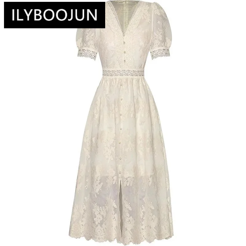 

ILYBOOJUN Fashion Spring Summer Women's Dress V-Neck Button Lace Splicing High waisted Embroidery Hollow Out Party Dresses