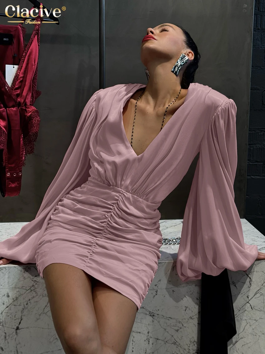 

Clacive Fashion Loose Pink Satin Women's Dress 2026 Sexy V-Neck Puff Sleeve Mini Dresses Elegant Classic Ruched Female Dress