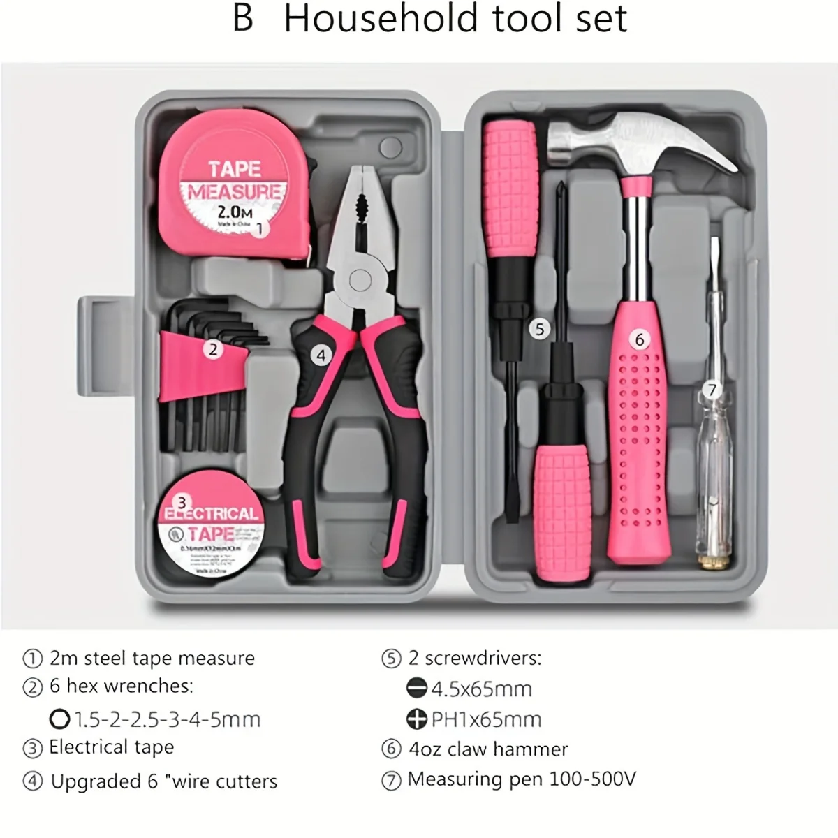 13pcs Tool Set Pink Household DIY Tool Kit for Women. Small Mini Tool Box Set of Starter Basic Ladies Tools