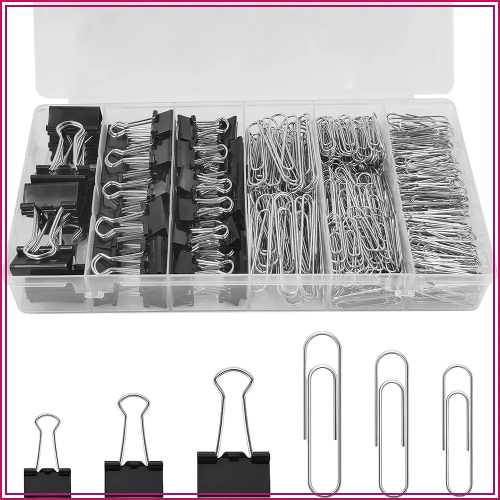 350Pcs Office Clips Set, Paper & Binder Clips, Assorted Sizes, Black Metal, for School & Home