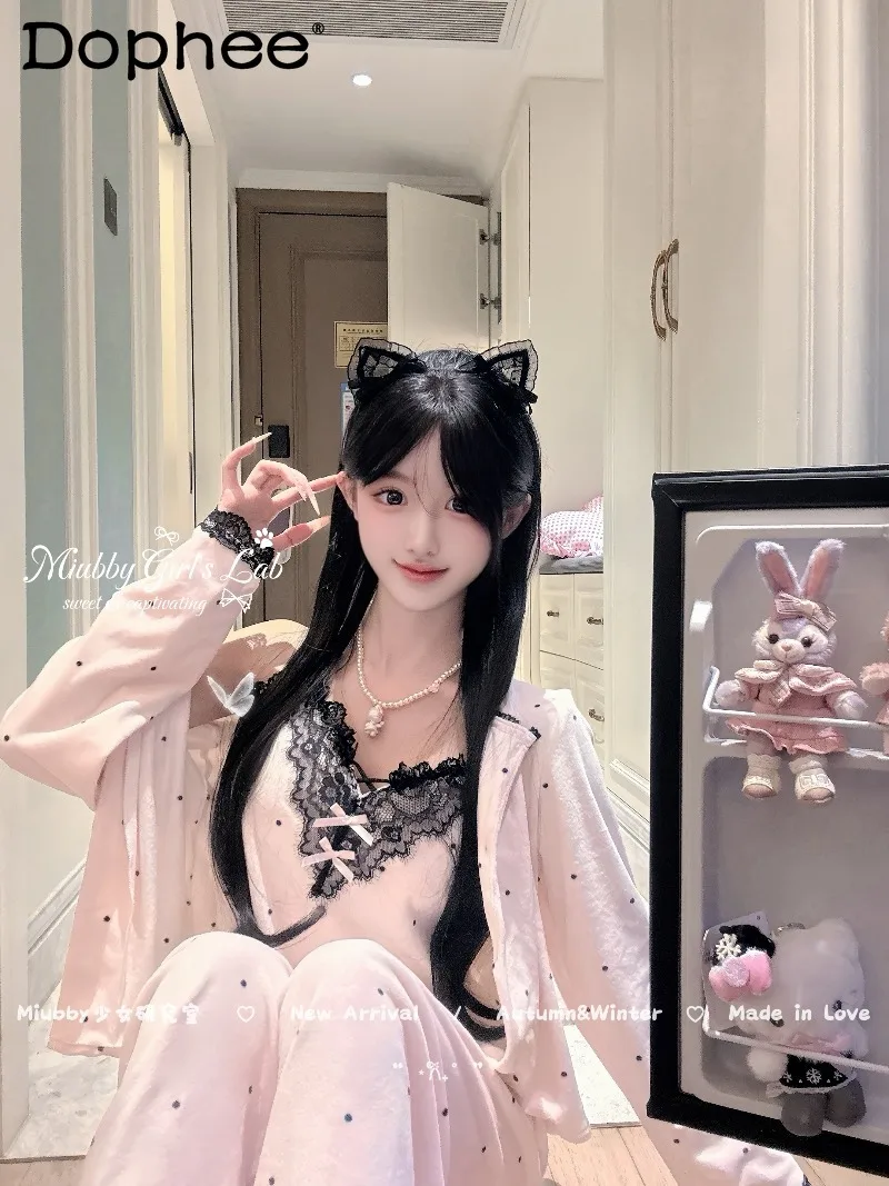 

Новые осенне-зимние пижамы, милая кружевная пижама в горошек для девочек, теплая домашняя одежда с длинными рукавами, комплект из трех предметов