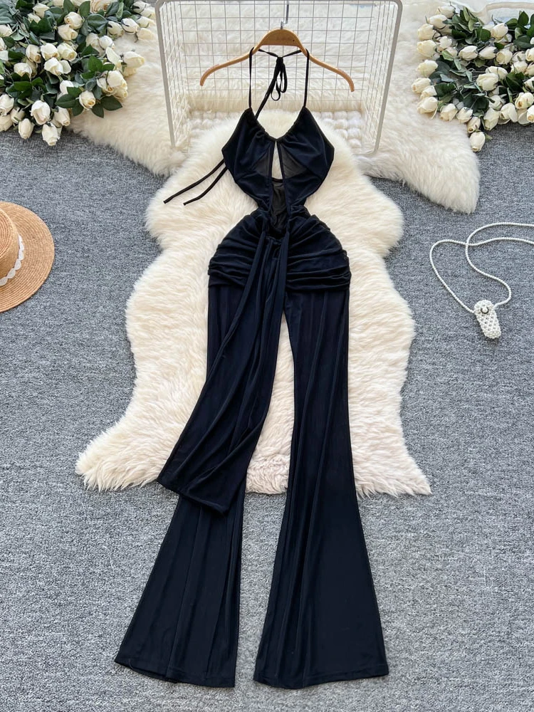 

Sexy Hollow out Strap Bodysuit Women's Summer Hot Girl Slim Casual Long Pants Suit High Waist Straight Leg Jumpsuit