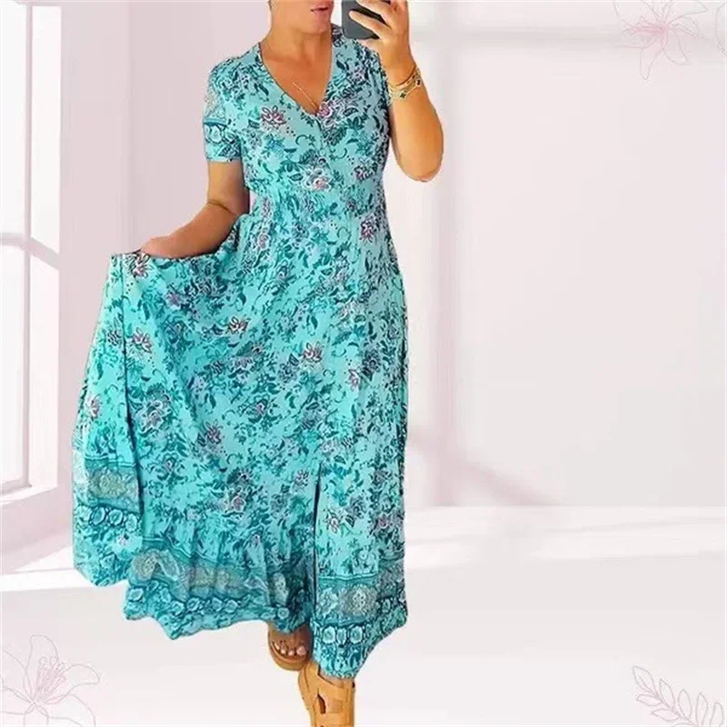 2024 Elegant Women Flower Print Deep V Neck Dresses Elastic Waist Splice Pleated Hem Dress Female Single-breasted Cardigan Gown