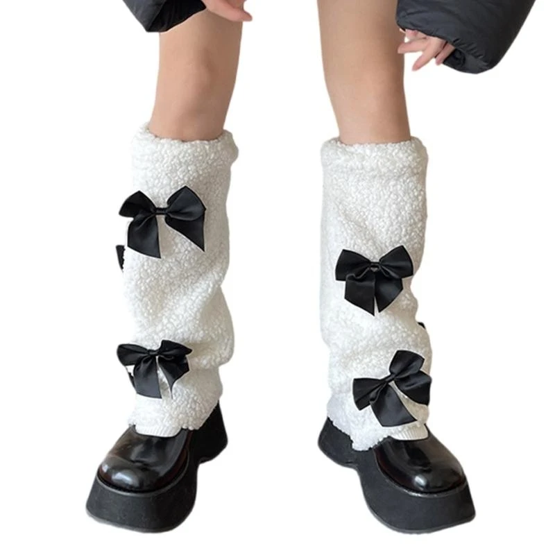 

Зимние теплые флисовые гетры с бантиками, украшенные бантиками для юбок или шорт, женские мягкие плюшевые чехлы для ботинок из