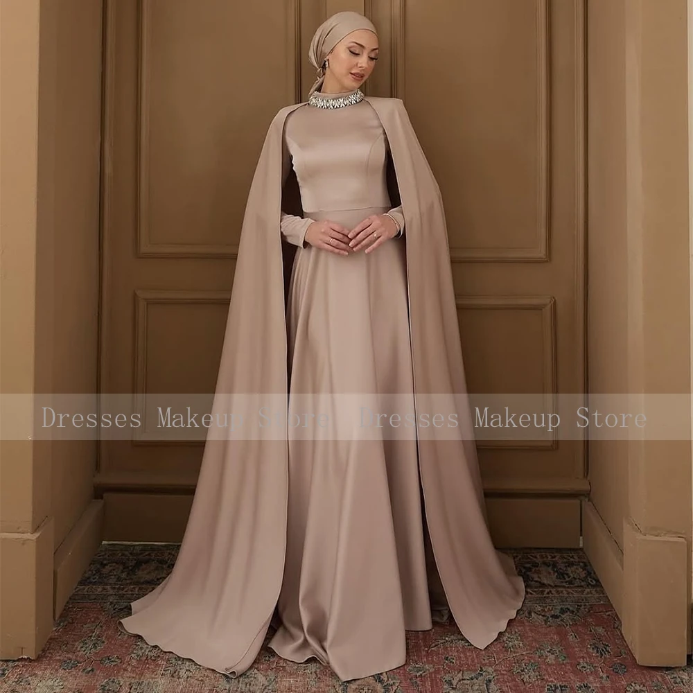 Customized Modest Evening Dress Crystal High Collar Long Sleeve Saudi Arabian Evening Gowns A Line Cape Woman's Formal Dresses image 2