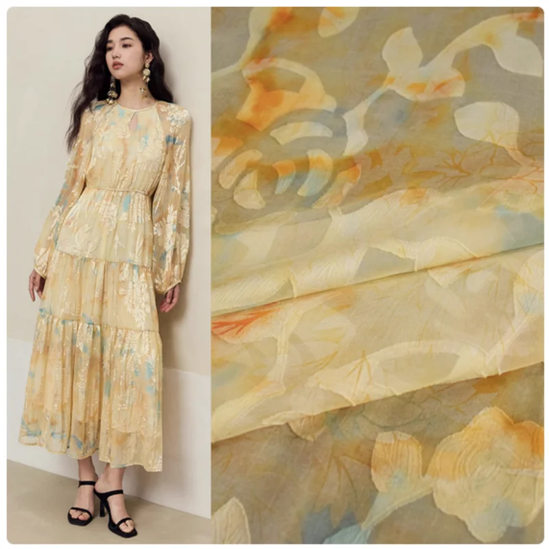 

Fashion Yellow Blue Flower Print Chiffon Fabric, Dress, Shirt, Cheongsam, Han Cloth Sewing Tissue, Thin Transparent, T2362