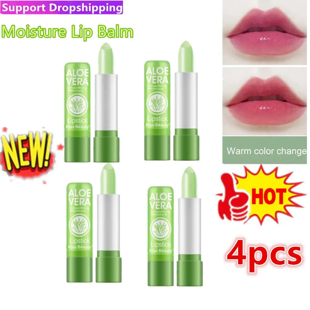 Aloe vera bálsamo labial, cor mudando batom, hidratante, impermeável, mudança de temperatura, 4pcs