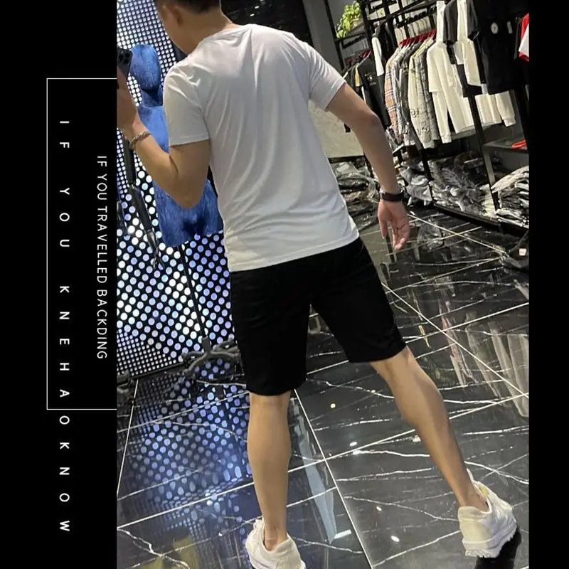 Men's short-sleeved black shorts set, new summer clothing, European station trendy brand hot diamond top, spiritual guy