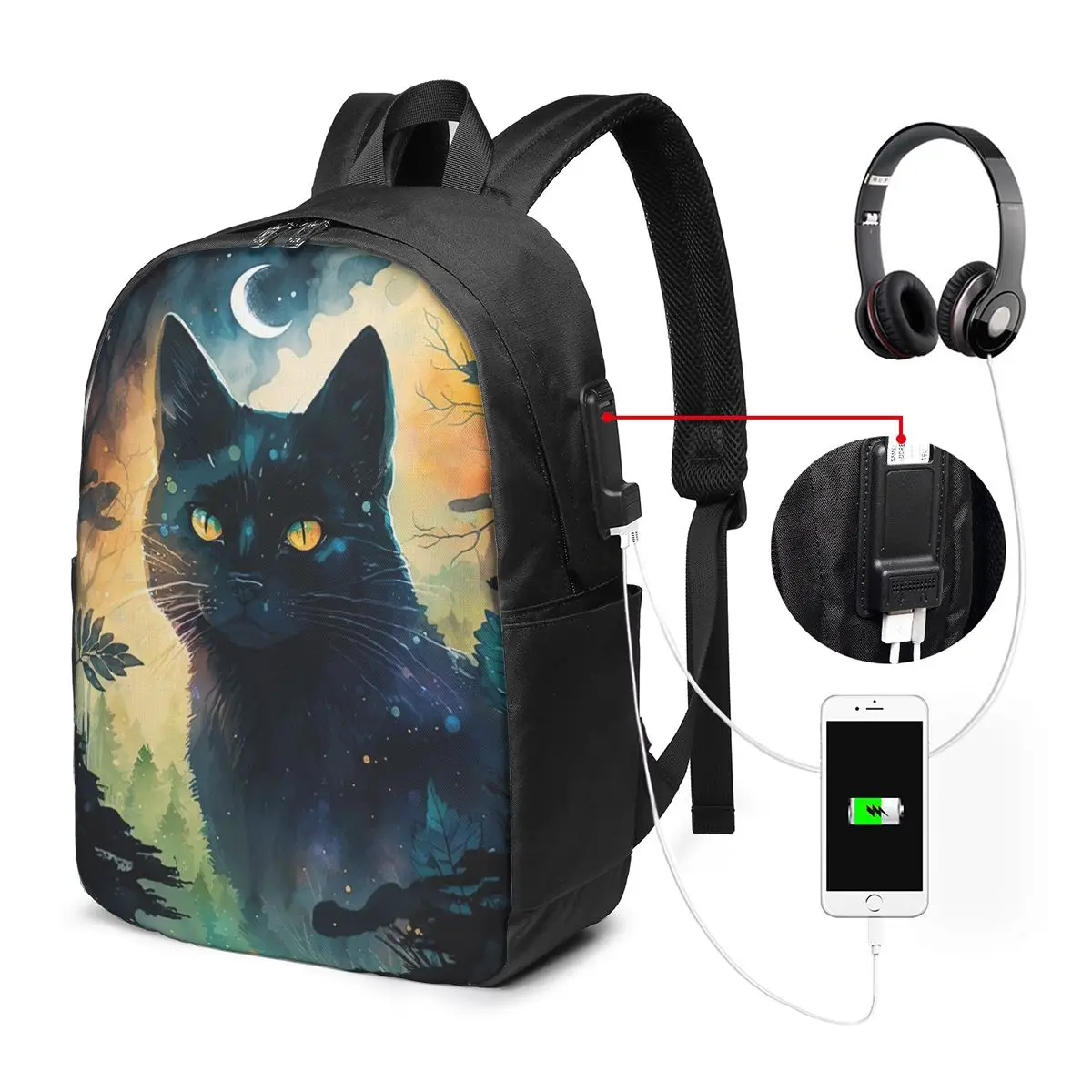 Dark Night Forest Mystical Black Cat Print Backpack Travel Notebook Bag Computer College Student School Bag Laptop Shoulder Bags