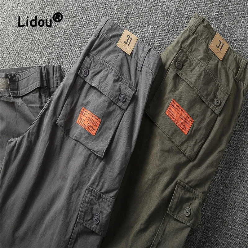 

Vintage Fashion Solid Color Multiple Pockets Men's Cargo Pants Classic Button Man Street Casual Loose Youth All-match Trousers