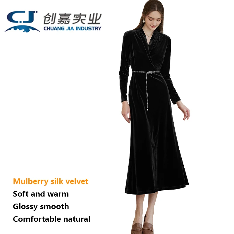 Mulberry Silk Velvet Long Sleeve V-neck Dress Ladies Wine Red Temperament Noble Dress Elegant Comfortable Soft Delicate Casual